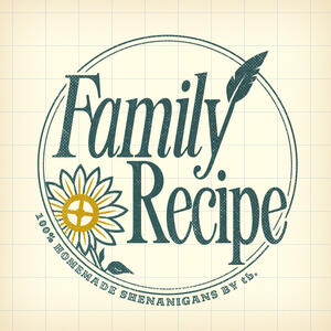Digital illustration of a circular logo design that resembles a vintage ink stamp. In the circle are the words "Family Recipe", a feather and a sunflower with the Team Fortress 2 logo.