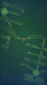 Digital illustration of a snake-themed mobile wallpaper, with circuit board components, and lines and curves resembling snakes laid over a grid background. Two snake heads meet in the middle, with a glowing heart between them.