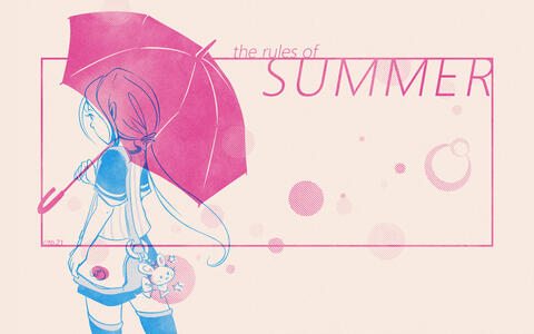 Risograph-inspired digital poster of an original character, in a pink and blue colour scheme. The character is a girl with long ponytails carrying a sling bag and a pink umbrella.