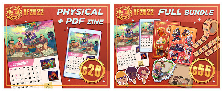 2 promotional graphics created for the TF2022 Calendar Zine, featuring previews of the physical zine bundle and full zine bundle. Set in a gold and red colour scheme.