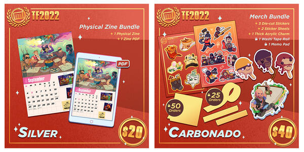2 promotional graphics created for the TF2022 Calendar Zine, featuring previews of the 'Silver' physical zine bundle and 'Carbonado' zine bundle. Set in a gold and red colour scheme.