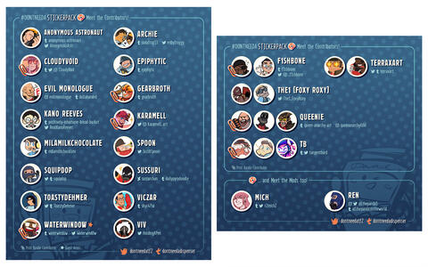 2 promotional graphics created for the DNAD Stickerpack project. Features the full listing of artist contributors and project moderators. Set in a blue/orange colour scheme.