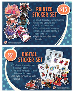 2 promotional graphics created for the DNAD Stickerpack project, showcasing the sticker designs included in the physical and digital bundles. Text says: 'Physical Sticker Set: $15' and 'Digital Sticker Set: $2'. Set in a blue/orange colour scheme.