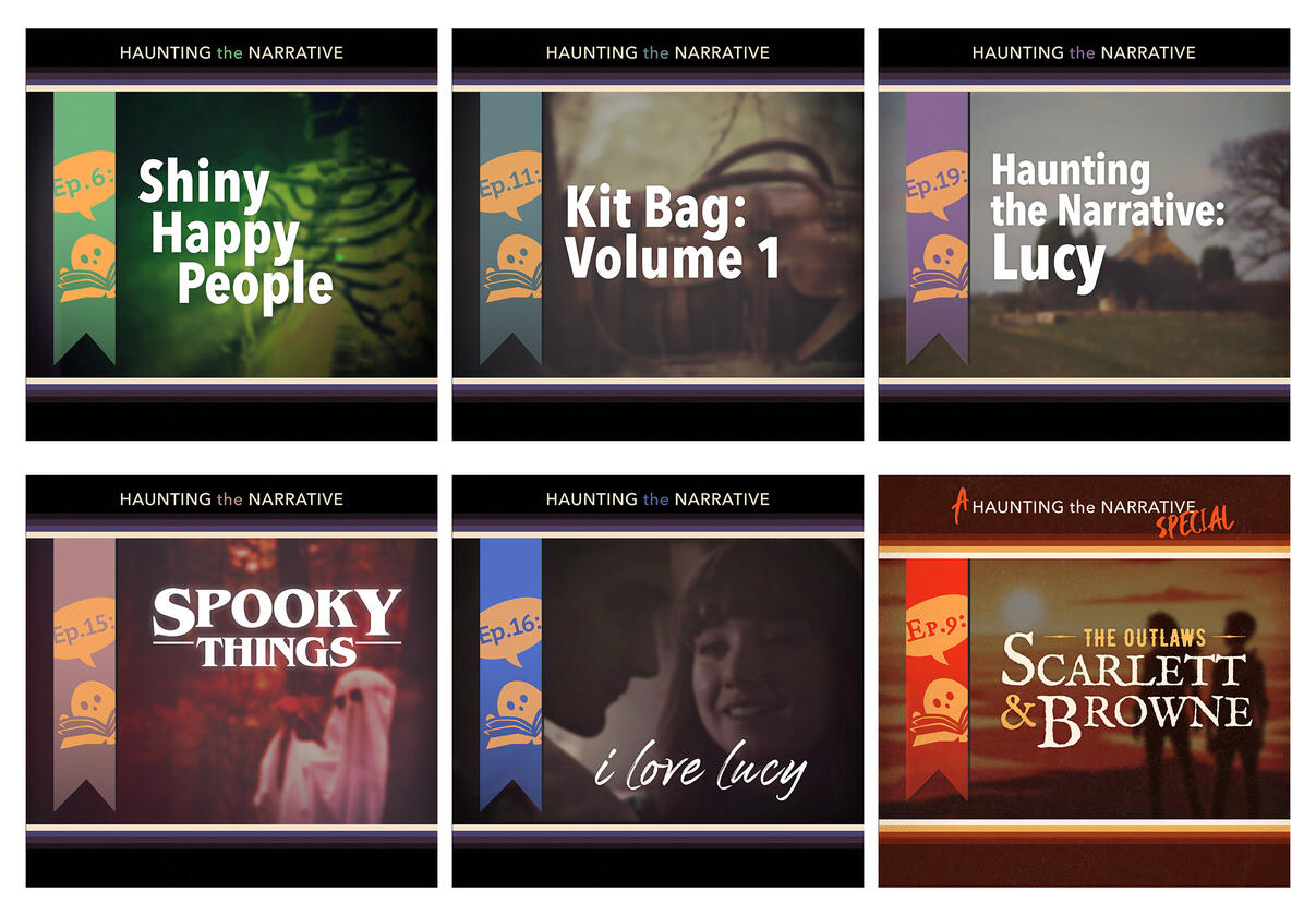 Selection of episode cover designs for the 'Haunting the Narrative' podcast. Each cover features a different thematic colour and background image based on the episode topic.