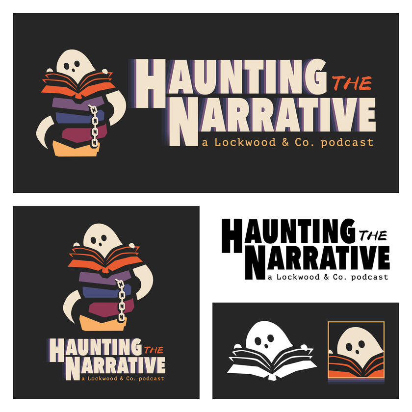 Branding assets for the 'Haunting the Narrative' podcast: logo and social media icons. Features a ghost and a chain emerging from a stack of books. Set in a cream, orange, purple and black colour scheme.