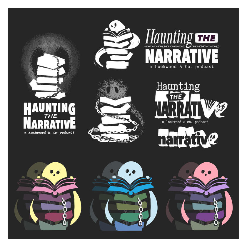 Branding concepts for the 'Haunting the Narrative' podcast, featuring different logo designs and colour schemes.