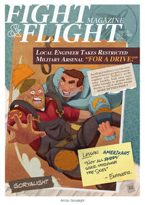 Page design and layout for the Rocket Science Zine, featuring an illustration of TF2 Soldier and Engineer by Goryalight. Set as a vintage magazine titled "Fight & Flight" with the headline "Local Engineer Takes Restricted Military Arsenal 'For A Drive'!".