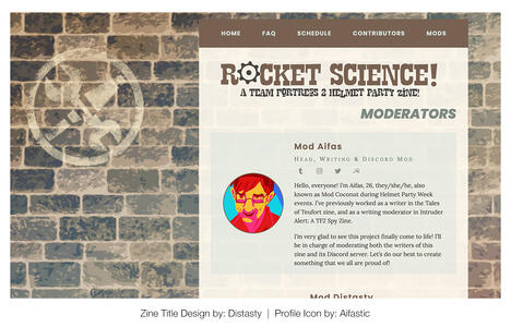 The zine's Carrd site design, set in a vintage scrapbook theme. The site background is of a brick wall with the spray-painted logo of a wrench and rocket projectile.