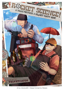 Cover design for the Rocket Science zine, based on layouts by Distasty. Features an illustration by Velvetcat09 of RED Engineer in his lawn chair and BLU Soldier next to a dispenser, surrounded by stickers. Set in a vintage scrapbook theme.