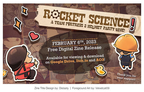 A promotional graphic on the zine's release, featuring chibi stickers of RED Soldier and BLU Engineer by Velvetcat09, and a montage of art by zine contributors.