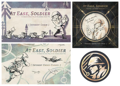 3 promotional graphics for the TF2 Soldier Tribute zine: 'Interest Check Open', 'Interest Check Closed', and 'Discord Server Now Open'. Features line drawings of TF2 Soldier and geometric shape designs.