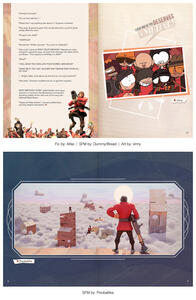 Page designs and layouts for the TF2 Soldier Tribute zine. Features a fanfic of RED Soldier by Aifastic, SFM art by Dummy (bread), illustration by vinny, and SFM art by Pivobaltika. Set in a vintage scrapbook theme with geometric line elements.