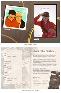 Page designs and layouts for the TF2 Soldier Tribute zine. Features digital art of RED Soldier by AlexPDCL and Archie, partial list of the zine's contributors and a message from the mods. Set in a vintage scrapbook theme with geometric line elements.