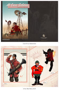 Cover and inner page designs and layouts for the TF2 Soldier Tribute zine. Features illustrations of RED Soldier by Waterwindow, Mae, Becca and Abi B. Set in a vintage scrapbook theme with geometric line elements.