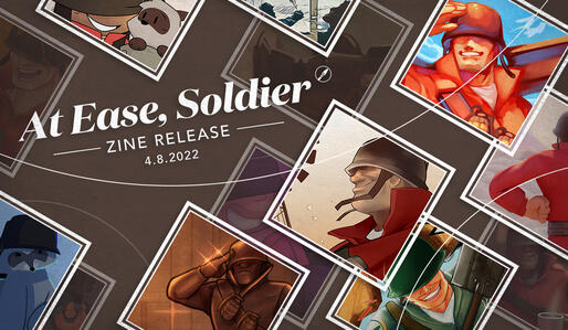 Promotional graphic for the release of the TF2 Soldier Tribute zine. Features thumbnails of RED and BLU Soldier from various contributors, and a vintage colour theme with geometric line elements.