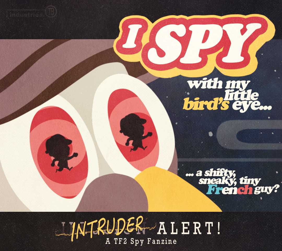 Animated preview graphic for the acrylic charms designed for the TF2 Spyzine. Features a zoomed-in shot of a pigeon, and Spy's silhouettes in its swirling red eyes.