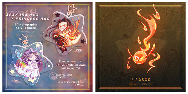 Promo graphics for the Asakura Hao acrylic charm designed for the Jolly Duck Club Merch Mart project. Features Hao in his battle outfit on one side and him as Princess Hao on the other side.