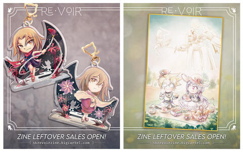 Promo graphics for the acrylic charm and postcard designed for the "Re:Voir" Shaman King zine. The charm features Kyouyama Anna and Matamune; the postcard features Marco and Jeanne having a picnic.