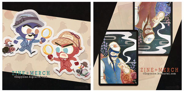 Promo graphics for the 2 acrylic charms designed for the TF2 Spyzine. One charm is a cartoony detective Spy; the other is a hanafuda card design with Spy in a rose garden.