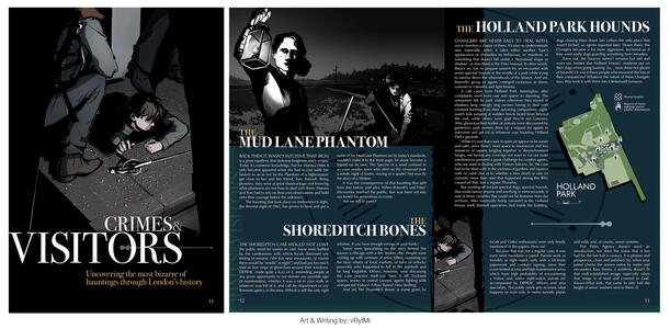 Page designs and layouts for the 'Tea, Toast & Ghosts' zine. Features the 'Crimes & Visitors' article, with spread/spot art and writing by vRyfMi. Set in a light-on-dark colour scheme with grungy graphic elements.