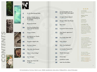 Page design and layout for the 'Tea, Toast & Ghosts' zine. Features the Table of Contents pages listing the art and writing works of all zine contributors, with art thumbnails from selected artists.