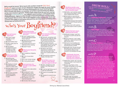 Page design and layout for the 'Tea, Toast & Ghosts' zine. Features the 'Who's Your Boyfriend?" 2-page personality quiz written by Máiréad, with a bright pink and purple colour scheme and playful fonts.