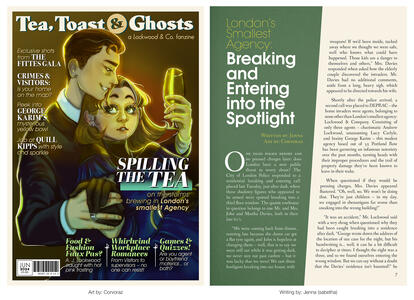 Page designs and layouts for the 'Tea, Toast & Ghosts' zine. Features cover art by Corvoraz, and the first page of the article 'London's Smallest Agency: Breaking and Entering into the Spotlight' by Jenna. Set in a green, gold and cream colour scheme.