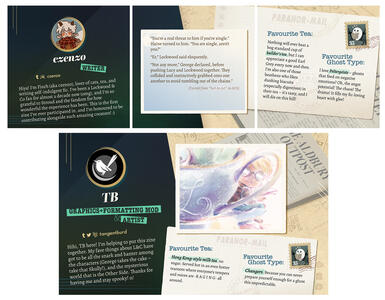 Contributor Spotlight graphics for the 'Tea, Toast & Ghosts' zine: a set of 3 square images for Instagram, and a landscape image for Tumblr and Twitter. Features a fic snippet by czenzo, and art by TB. Set in a green, gold and black colour scheme.
