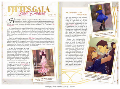 Page design and layout for the 'Tea, Toast & Ghosts' zine. Features the 'Fittes Gala: Best Dressed' 2-page article written by Jenna (sabetha), set in a glamorous theme with gold, marble and calligraphic elements. Includes spot art by Corvoraz of Holly Munr