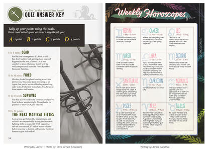 Page designs and layouts for the 'Tea, Toast & Ghosts' zine. First image is the 'Survive the Night' quiz by Jenny, with rapier and unicorn elements. Second image is the 'Weekly Horoscopes' feature by Jenna (sabetha), with fun script and handwritten fonts.